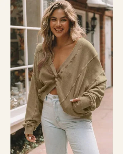 Casual Khaki Exposed Seam Twist Open Back Oversized Sweatshirt, view 4