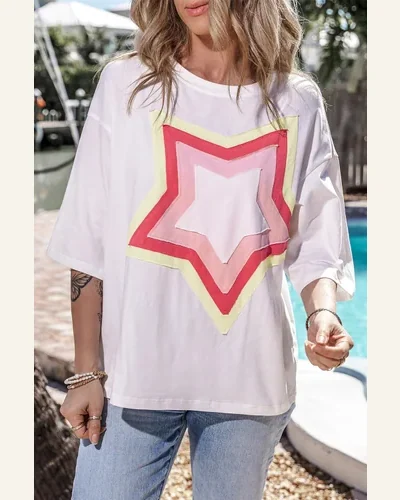 Short Sleeve T Shirt Casual White Colorblock Star, view 3