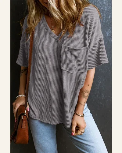 Short Sleeve T Shirt Casual Light Grey Corded, view 3
