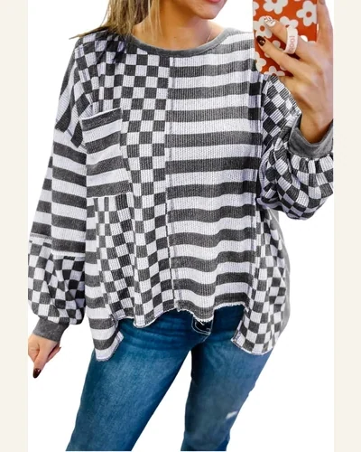 Tunic Tops Casual Dark Grey Checkerboard Striped Patchwork, view 1
