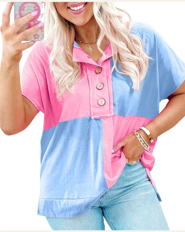 Summer Tops Colorblock Button Front Shirts Two Tone by SELINK