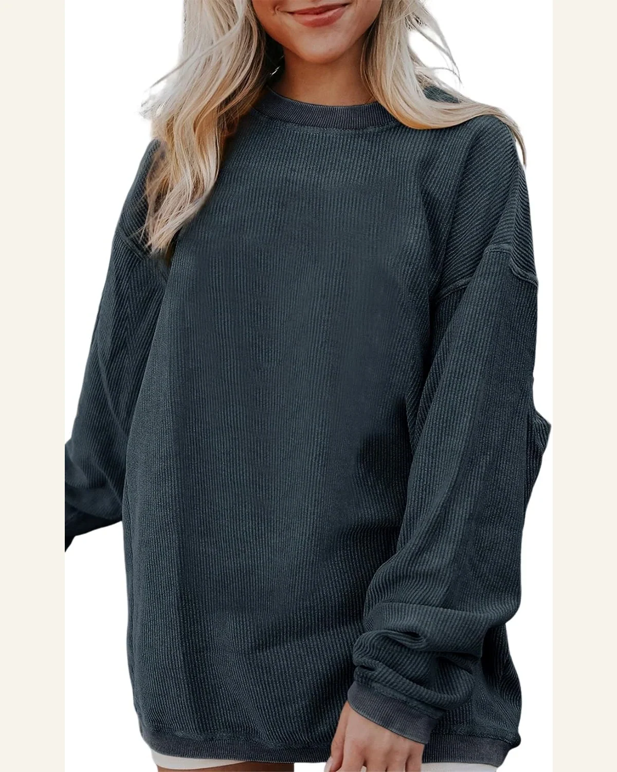 Casual Dark Grey Ribbed Corduroy Oversized Sweatshirts Solid by SELINK