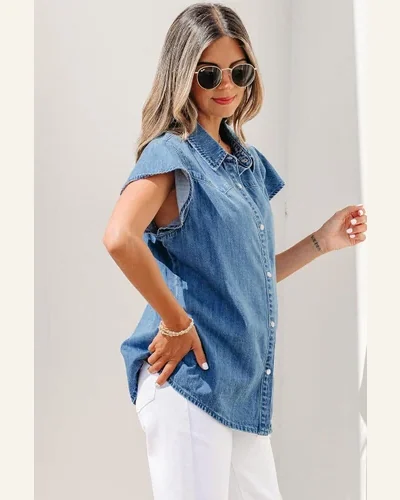 Dusk Blue Ruffled Short Sleeve Button Down Denim, view 4