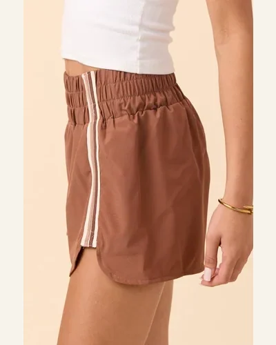 Athletic Shorts Casual Chestnut Elastic Waist Striped Athleisure, view 2