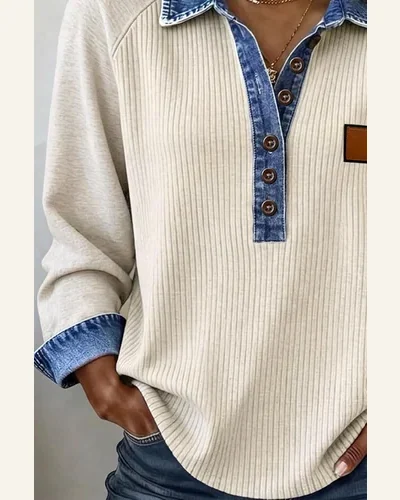 Ribbed Denim Collar Long Sleeve Button Tunic Top, view 2