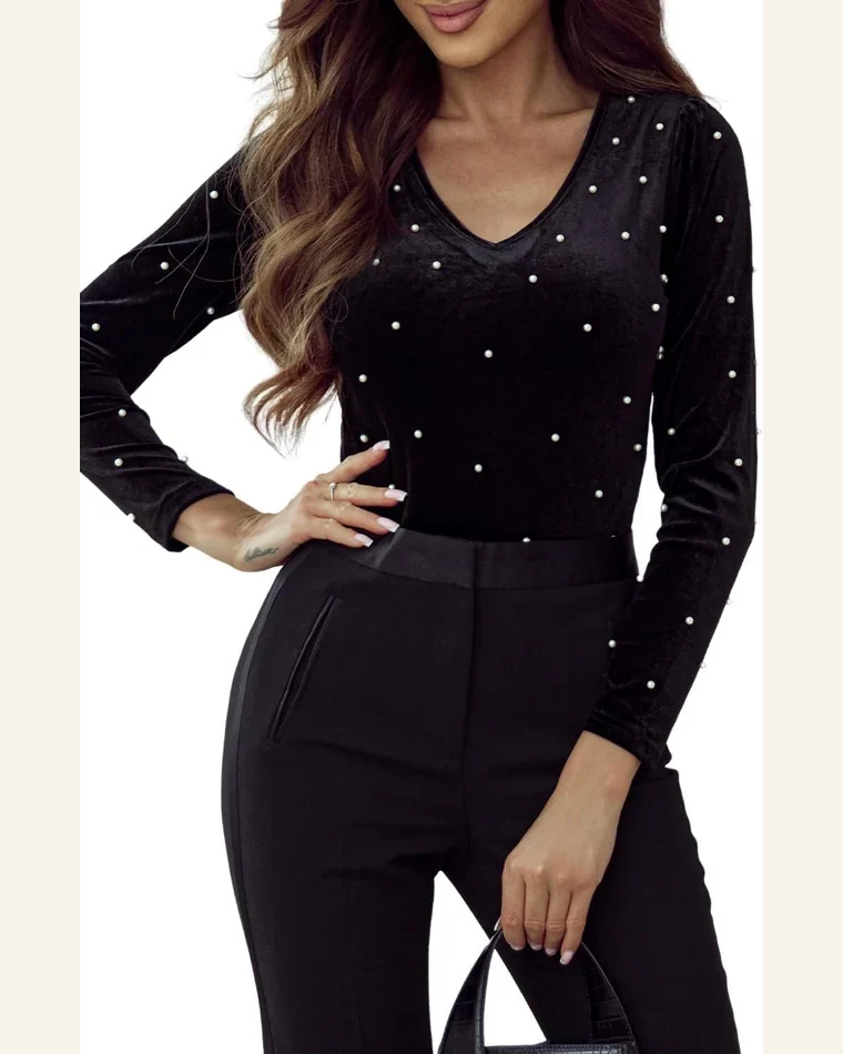 Bodysuit Elegant Black Velvet Beaded Long Sleeve by SELINK
