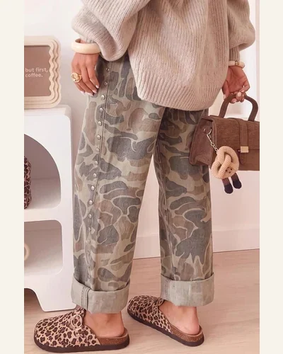 Camouflage Jeans Studded Straight Loose Pants Multicolour 4, view 2