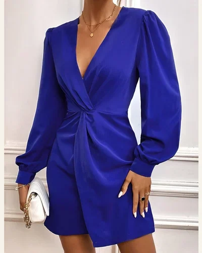 V Neck Lantern Sleeve Ruched Bodycon Slit Wrap Dress, view 3