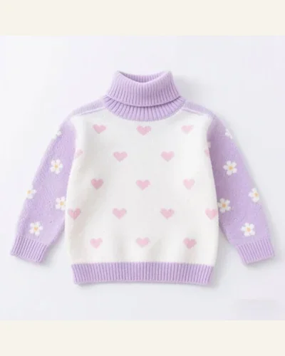 Girls Turtleneck Sweaters Heart Pattern Long Sleeve Knitted, view 4