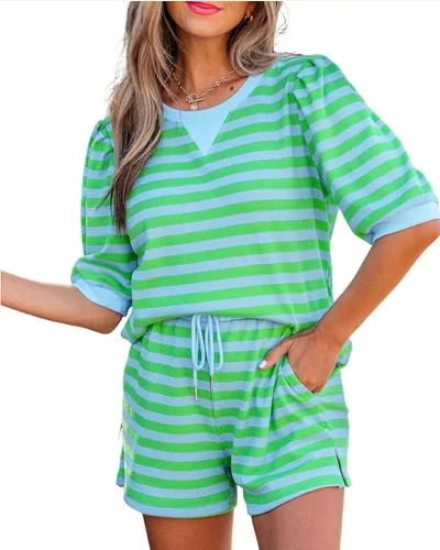 2 Piece Striped Shorts Set Casual Loose Puff, view 1