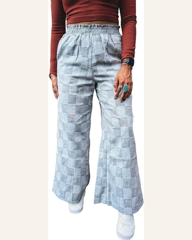 Casual Sky Blue Checkered High Waisted Denim Jeans by SELINK