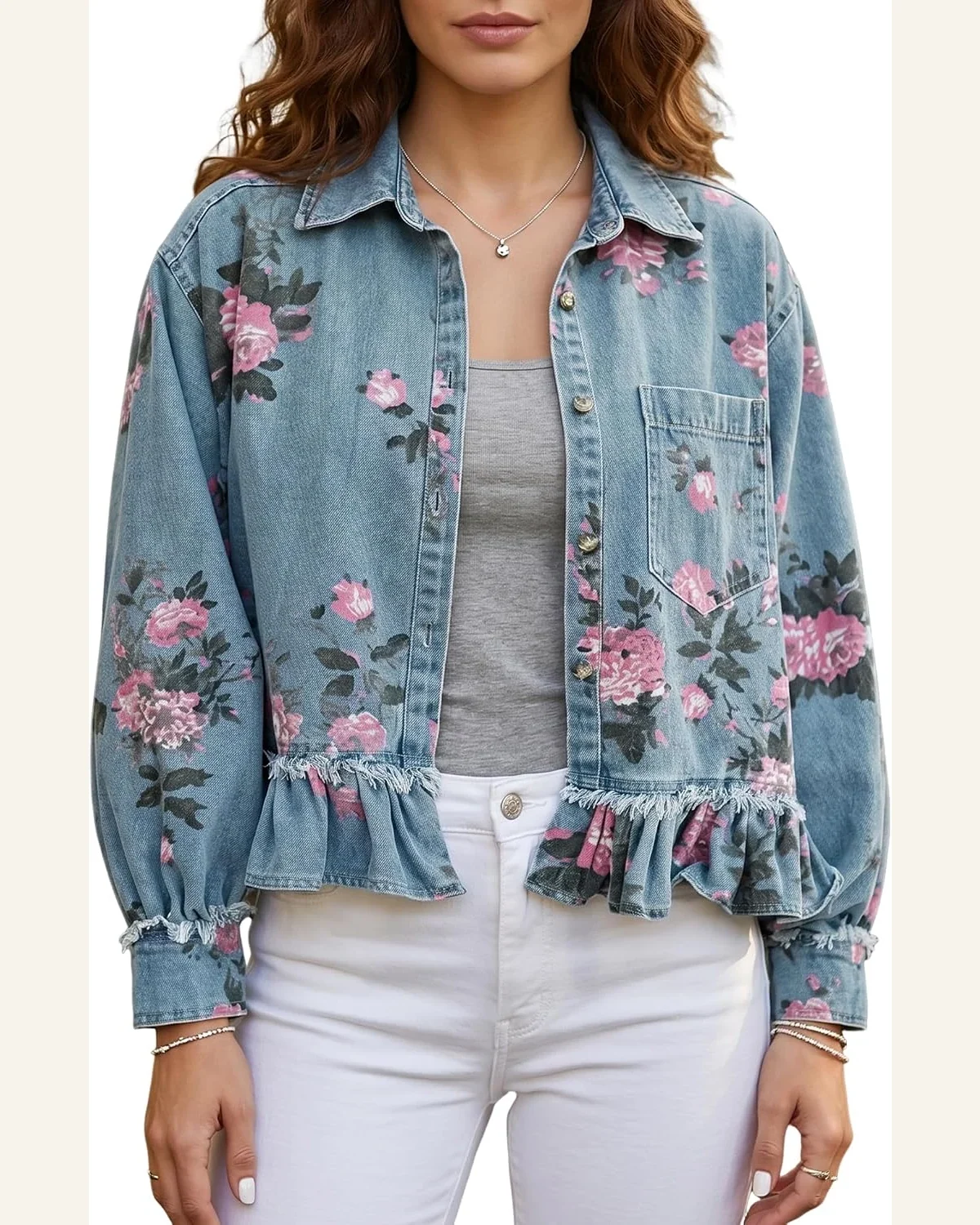 Floral Print Raw Seam Ruffle Hem Denim Jacket by SELINK
