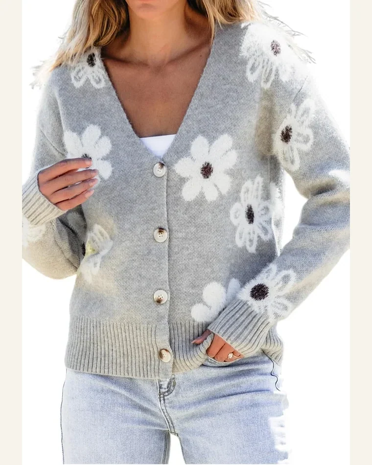 Cardigan Sweater Casual Light Grey Floral Print by SELINK