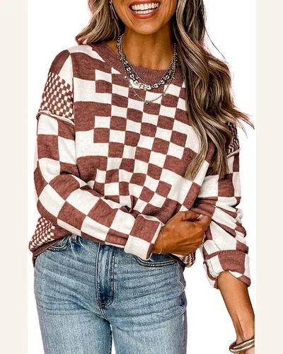 Crewneck Sweaters Long Sleeve Checkered Loose Knitted Pullover, view 4