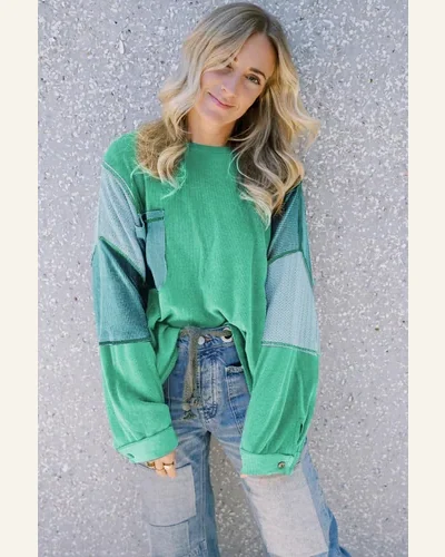 Tunic Tops Casual Green Colorblock Stitching Patchwork Buttoned, view 3