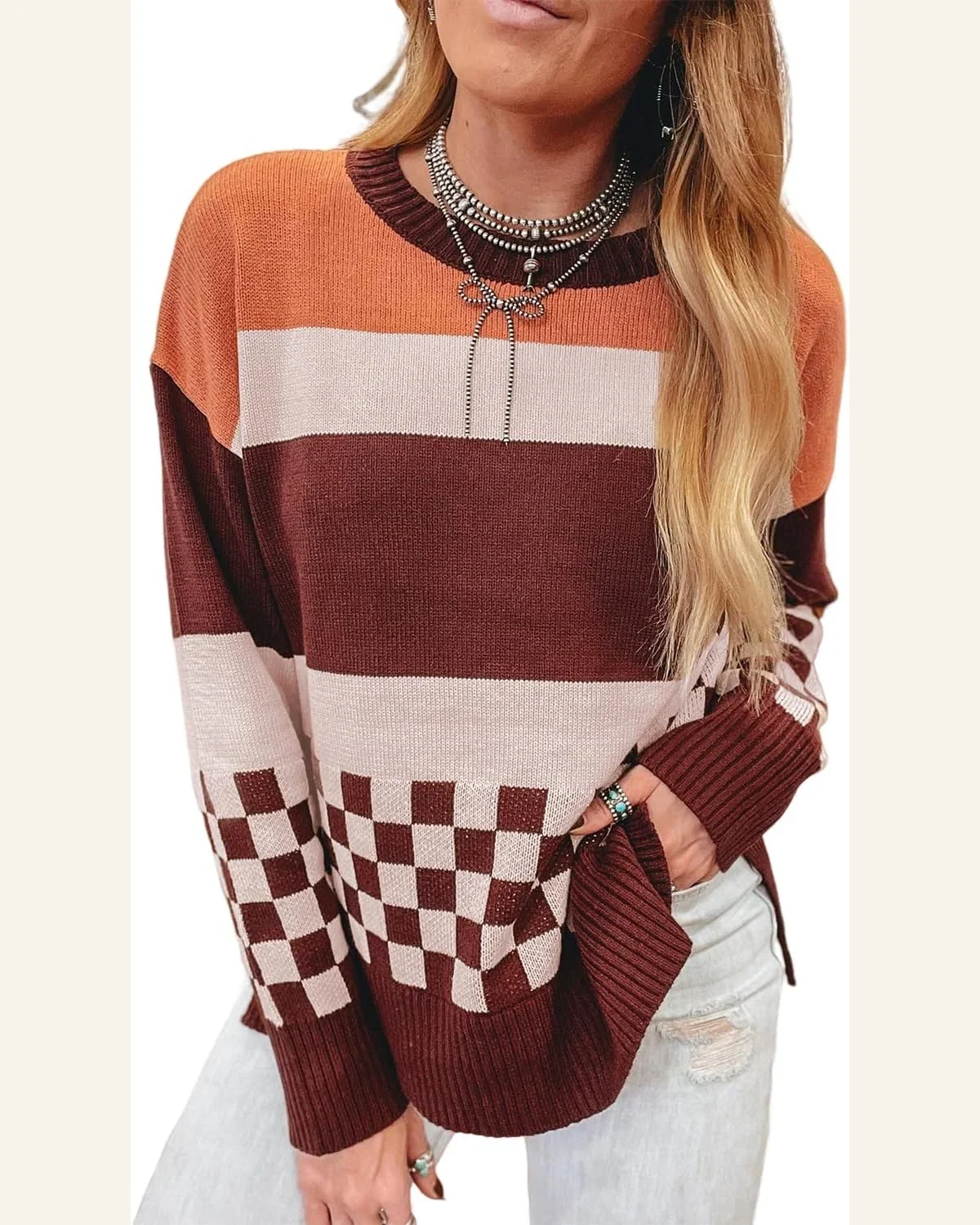 Brown Checkered Pullover Sweater Tops Color Block Knitted by SELINK