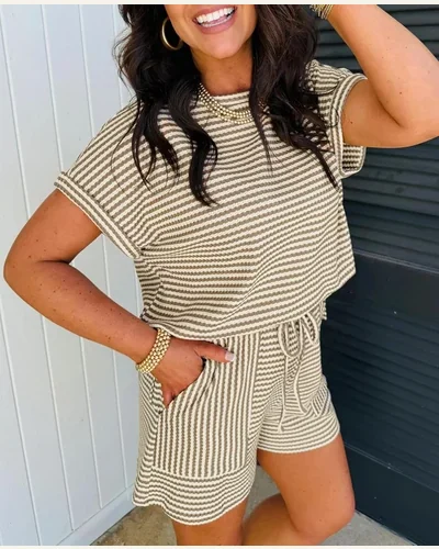2 Piece Outfits Summer Textured Crewneck T Shirts, view 2