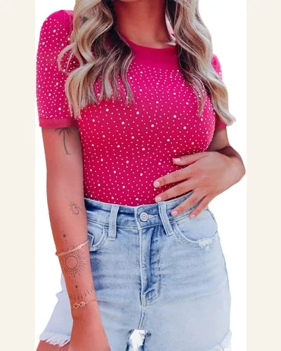 Bodysuit Casual Rose Rhinestone Allover Round Neck Short, view 3