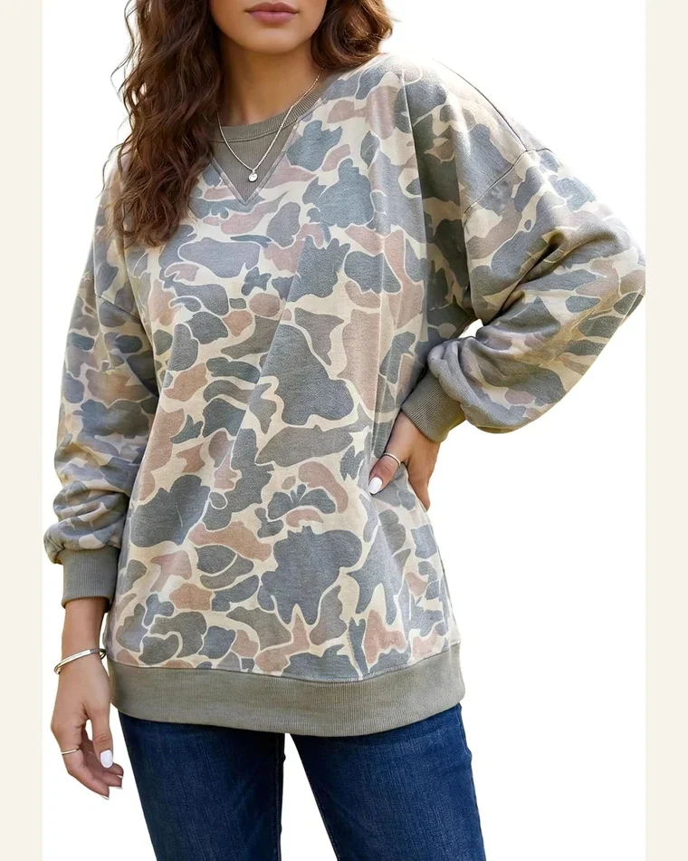 Camo Sweatshirt Drop Shoulder Casual Long Sleeve Pullover by SELINK