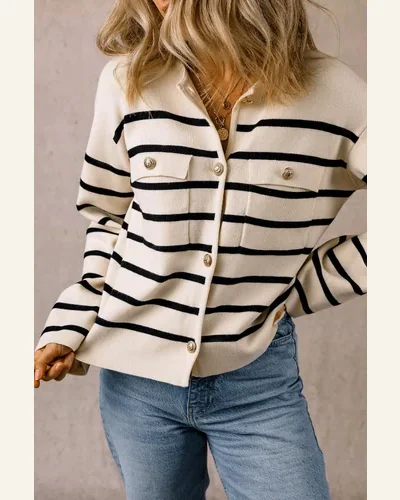 Cardigan Sweater Elegant Black Stripe Flap Pocket Buttoned, view 3