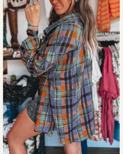 Plaid Button Down Shirts Long Sleeve Loose Vintage, view 2