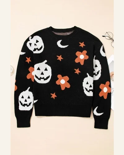 Casual Black Halloween Pullover Sweater Mythical Night Pattern, view 3