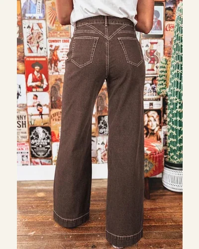 Casual Brown High Waisted Jeans Stitched Waist Loose, view 3