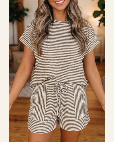 2 Piece Outfits Summer Textured Crewneck T Shirts, view 3