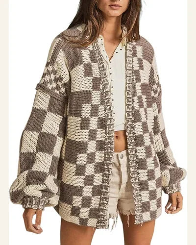 Cardigan Sweater Vintage Open Front Mixed Checkered Pattern, view 4