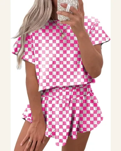 Casual Checkerboard Tracksuit T Shirt and High Waist, view 4