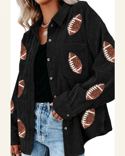 Shacket Jacket Casual Black Sequin Rugby Pattern Buttoned, view 1