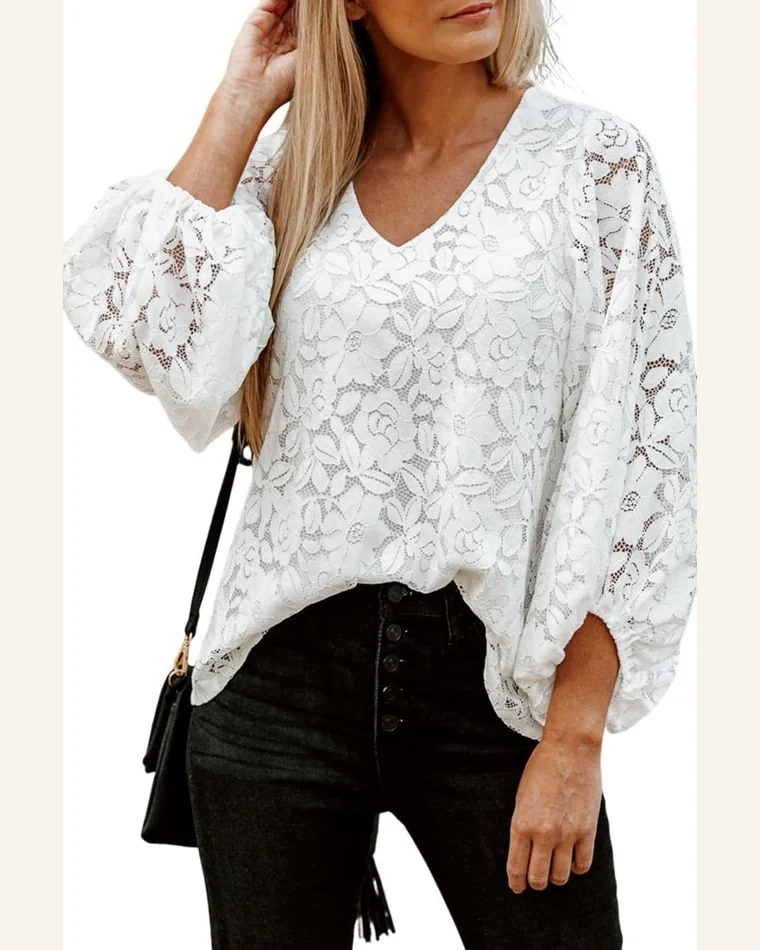 Tunic Tops Casual White Floral Lace Crochet Loose by SELINK