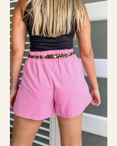 Casual Bright Pink Leopard Contrast Sash Belt Shorts, view 2
