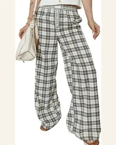 Casual Loose Gray Plaid Wide Leg Pants Elastic, view 1