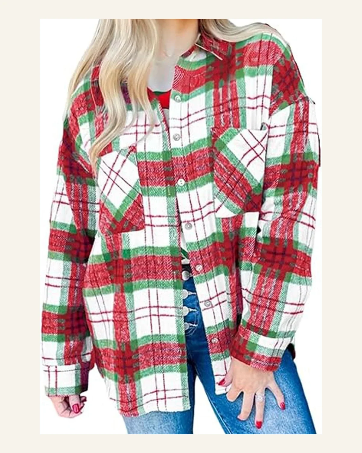 Christmas Flannel Shirt Red Plaid Button Down Shacket by SELINK