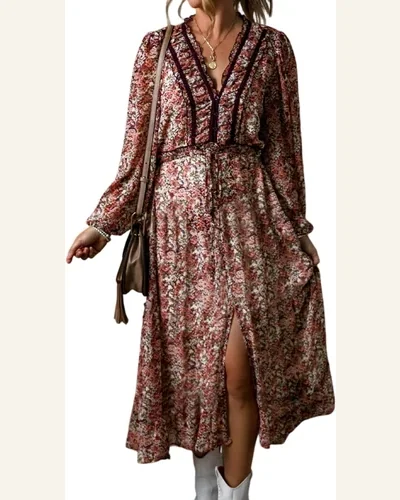 Fall Dresses Boho Brown Floral Print Split Front, view 1