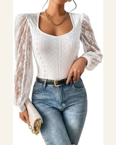 Bodysuit Casual Frenchy Contrast Lace Bishop Sleeve Bodysuit, view 4