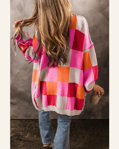 Open Front Checkered Drop Shoulder Cardigan Sweater, view 2