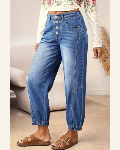 Casual Blue Buttons Loose Fit Jeans with Pockets, view 3