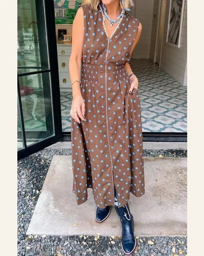 Casual Brown Polka Dot Print Contrast Trim Zip Dress, view 4