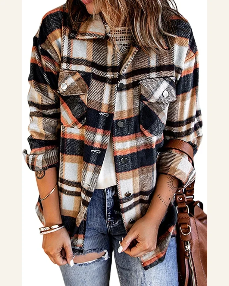 Shacket Jacket Casual Geometric Plaid Print Pocketed Shacket by SELINK