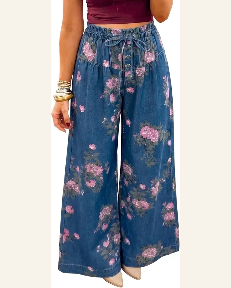 High Waisted Jeans Blue Retro Floral Tie Elastic by SELINK
