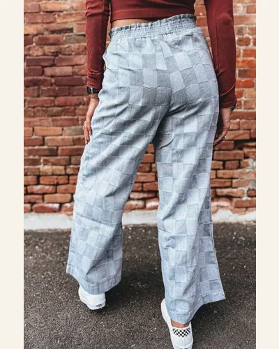 Casual Sky Blue Checkered High Waisted Denim Jeans, view 2