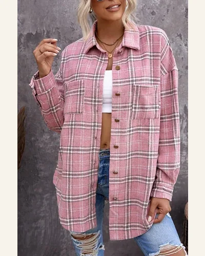 Shacket Jacket Casual Pink Plaid Pattern Buttoned Shirt, view 3