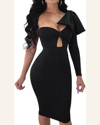 Cut Out Bow Knot One Shoulder Elegant Bodycon Dress, view 1