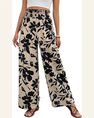 Casual Loose Pants Boho Khaki Floral Print Smocked, view 1