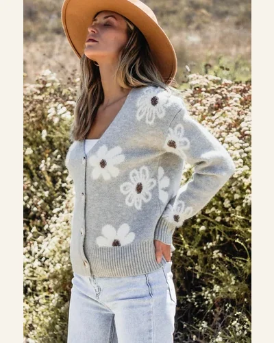 Cardigan Sweater Casual Light Grey Floral Print, view 3