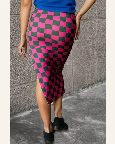 Casual Rose Checkered Print Side Slit Skirts High, view 2