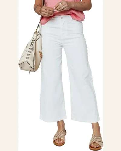Casual White Pearl Embellished Side Seam Ankle-Length Jeans, view 1