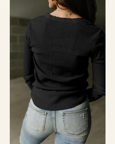 Tunic Tops Casual Black Trimmed Neckline Waffle Knit, view 2